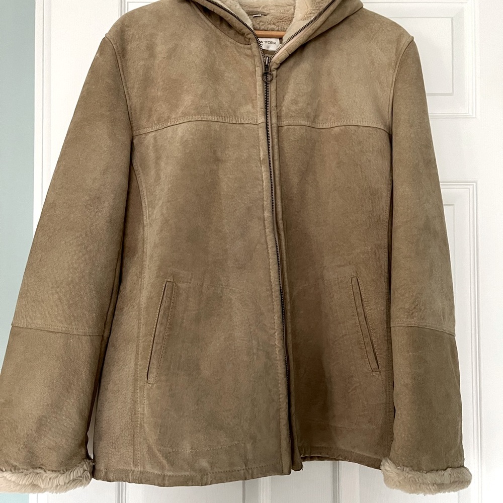 Jones New York Sport Coat Women Tan Suede Leather Faux Fur Hood Full Zip SizeM